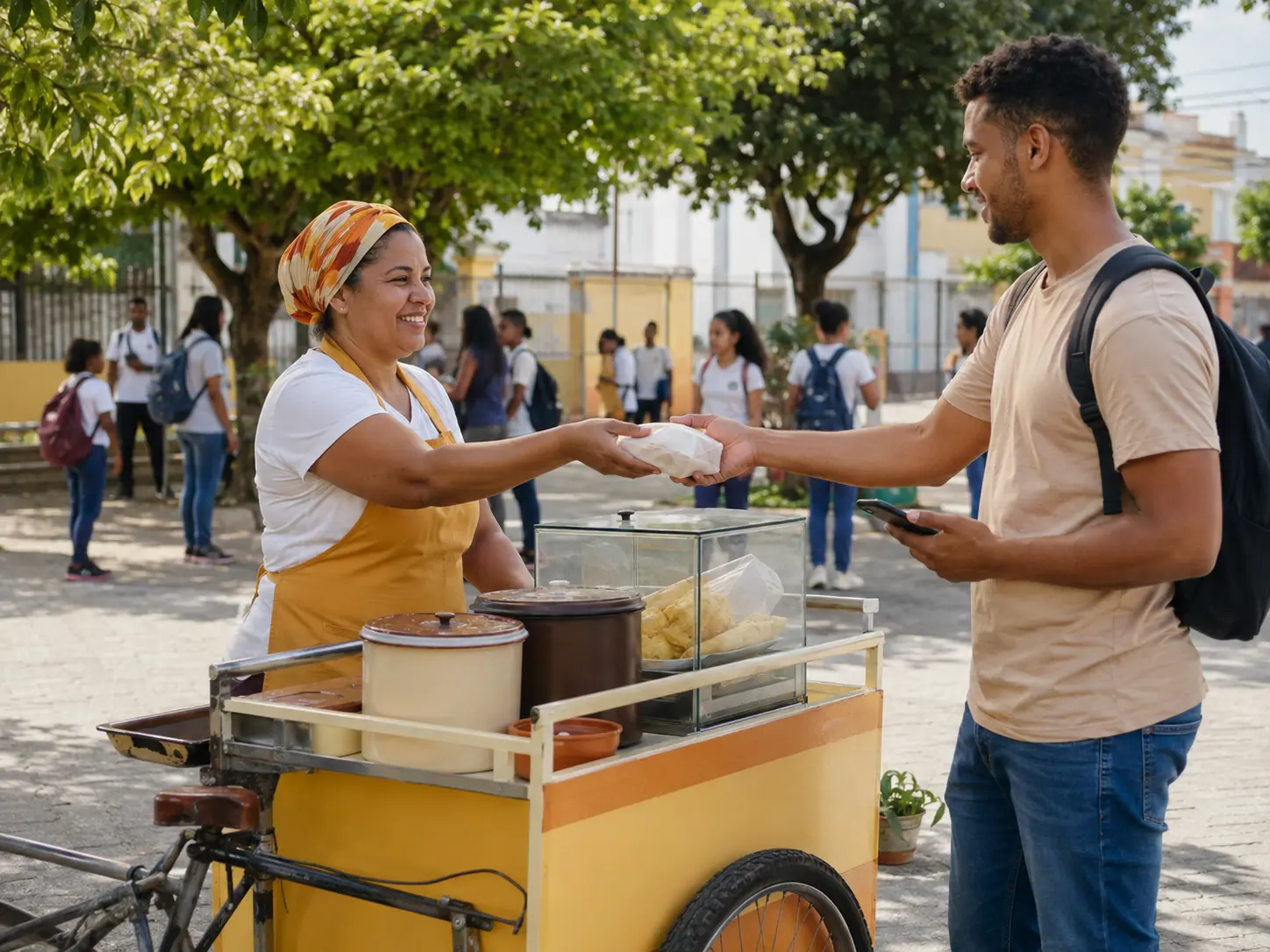 Microempreendedora atendendo um cliente em um carrinho de lanches acoplado a bicicleta