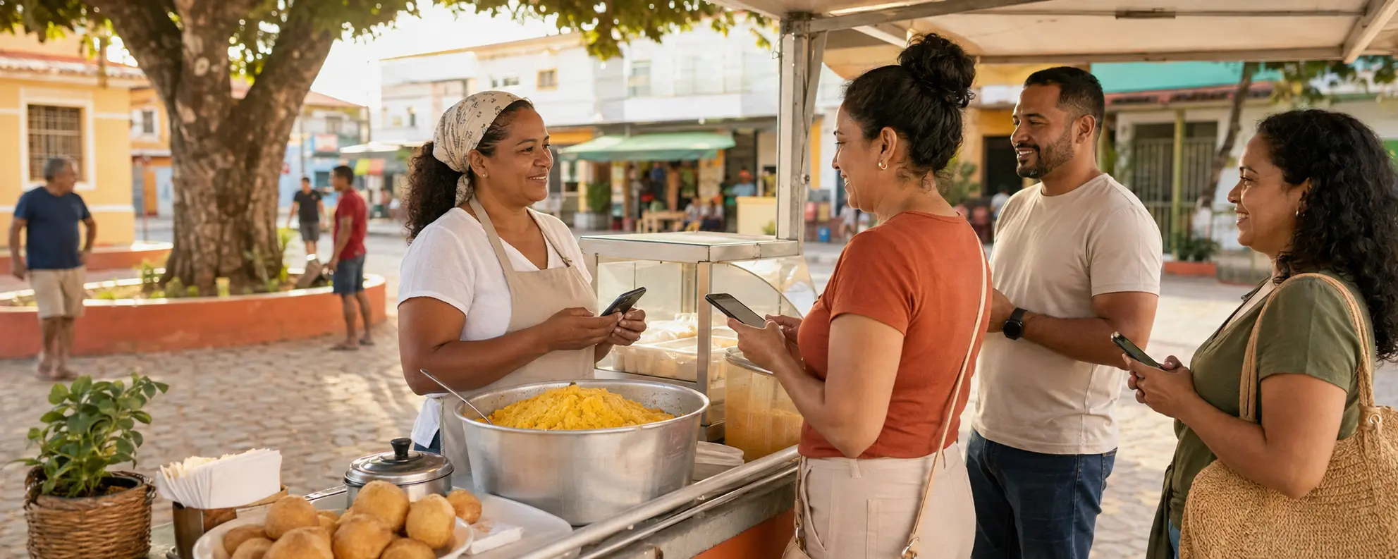 Vendedora local atendendo clientes adultos com apoio do celular em uma praça nordestina