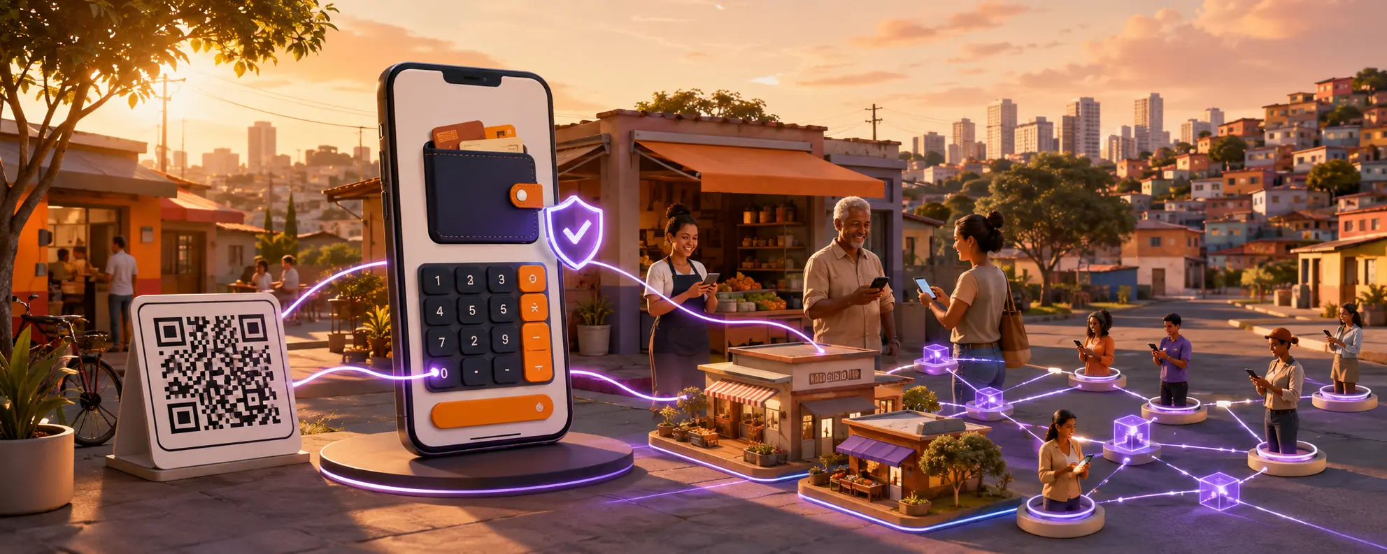 Carteira digital em forma de calculadora conectando pagamentos por QR Code a moradores e pequenos comércios da região