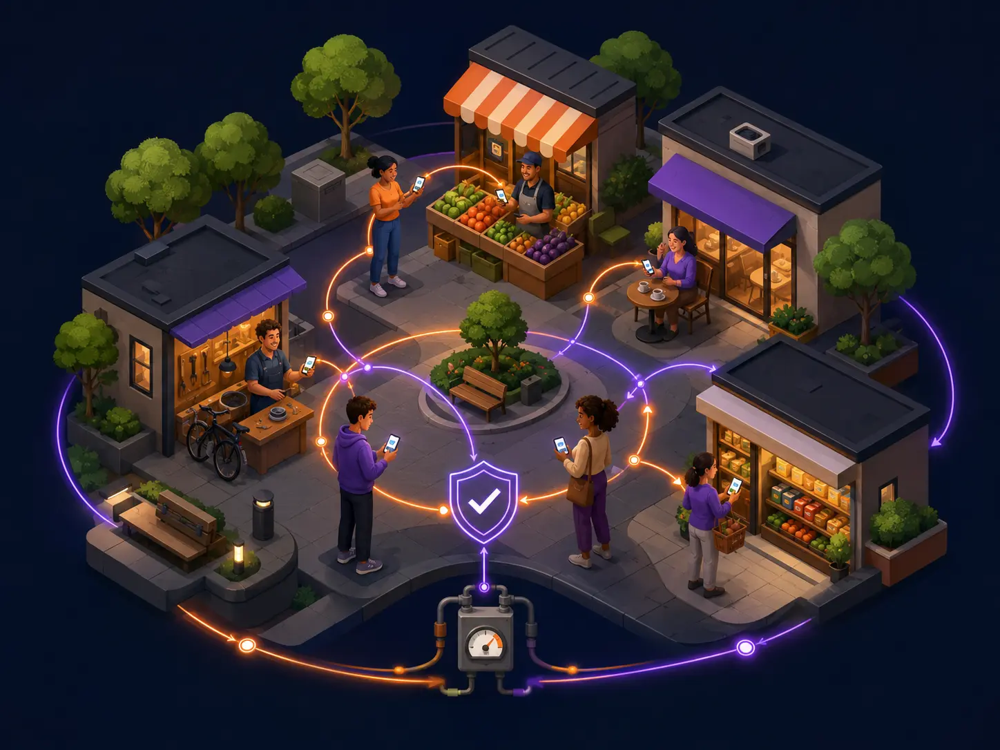 Ilustração de moradores e pequenos comércios conectados por pagamentos digitais seguros na mesma região